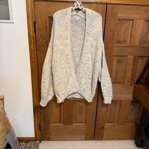 Aerie Cozy Cream Cardigan with Light Blue Speckle Knit